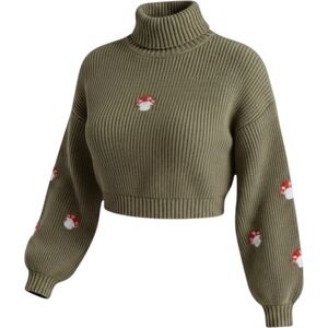 ROMWE Sweater Womens Large Green Mushroom Embroidered Turtleneck Pullover Knit